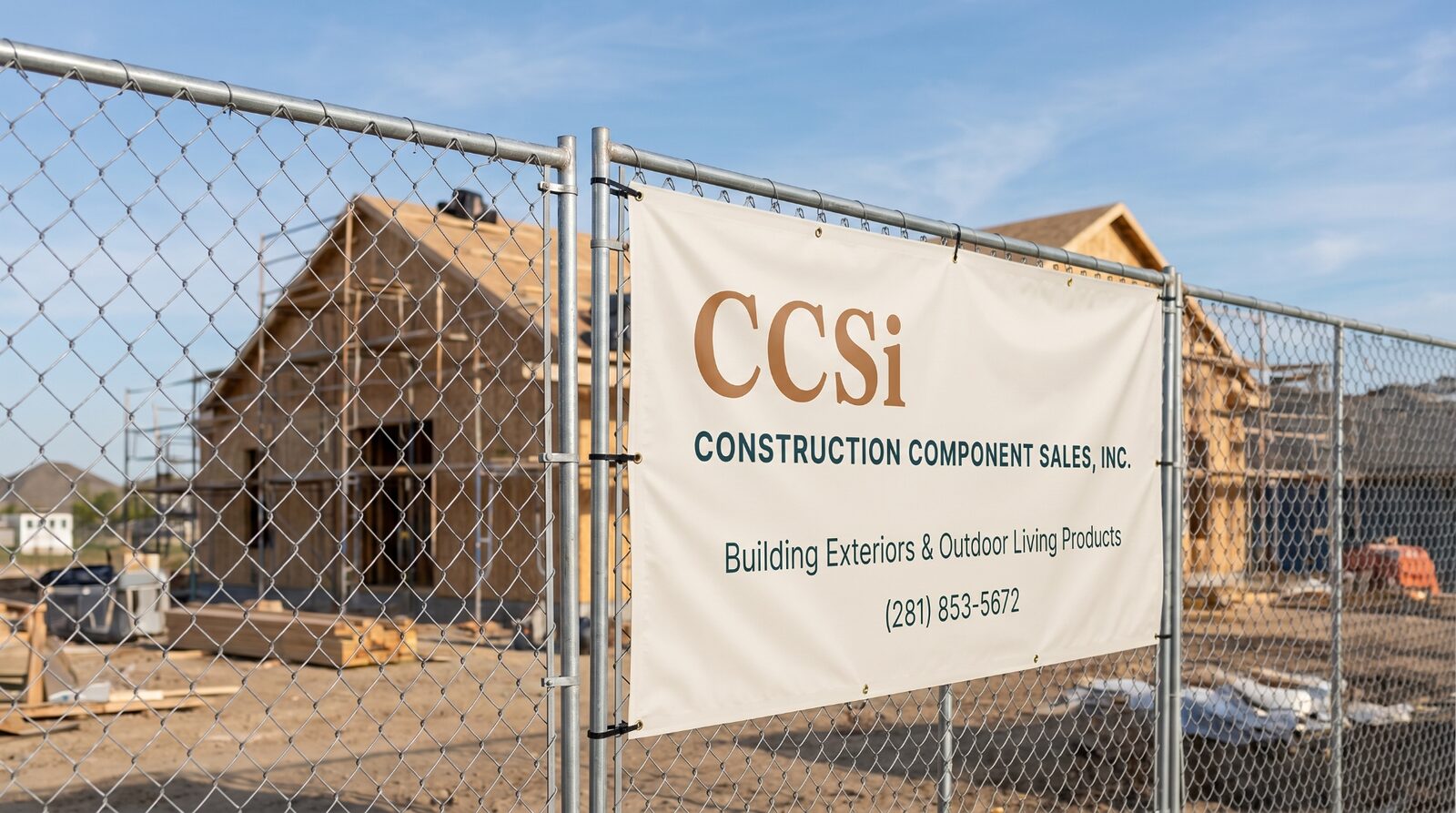 Custom logo banner on chain-link fencing in front of new wood-frame home construction