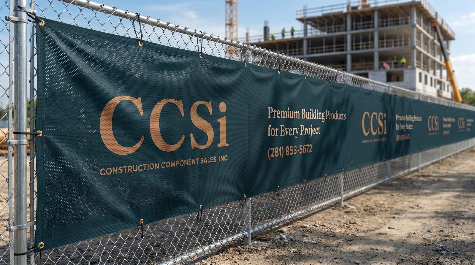 Long printed mesh fence banner running along a jobsite perimeter fence in front of a building under construction